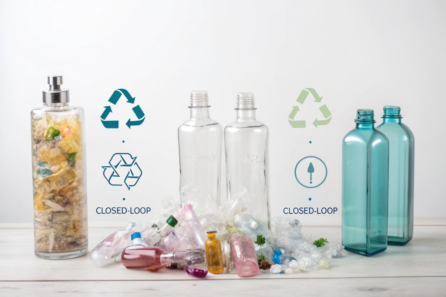 Line-up showing recycled glass and PET bottles with closed-loop recycling icons above piles of recovered packaging