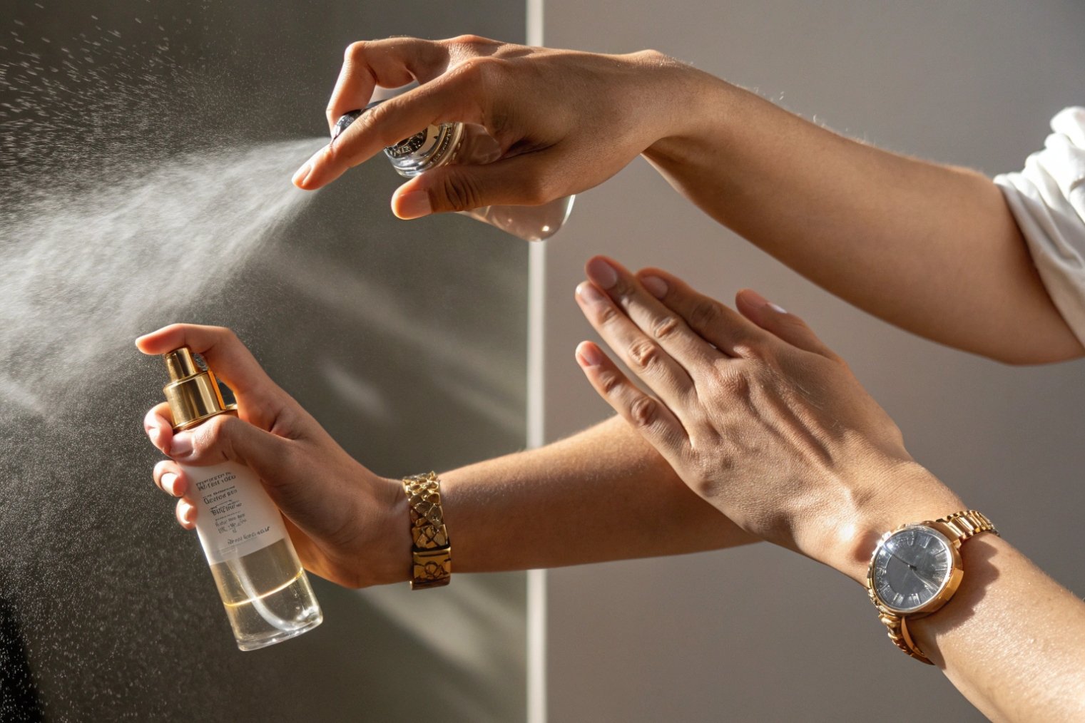 close up of hands spraying perfume on wrists from two atomizers