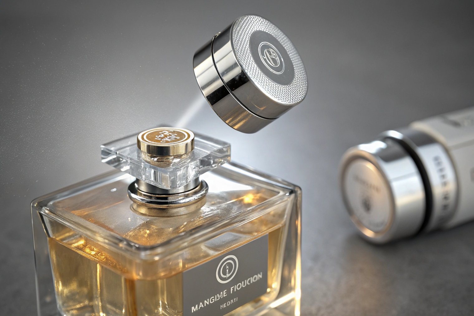 Close-up of a perfume bottle with a metal cap hovering above, mid-air, as if magnetically aligned