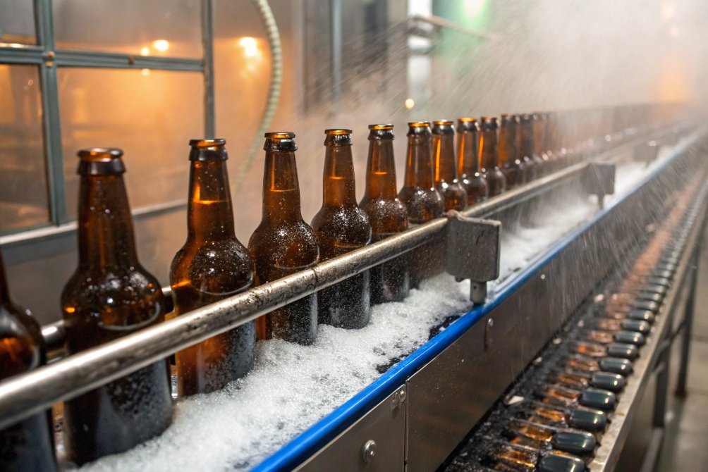 Amber glass beer bottles being washed with foam on automated conveyor line