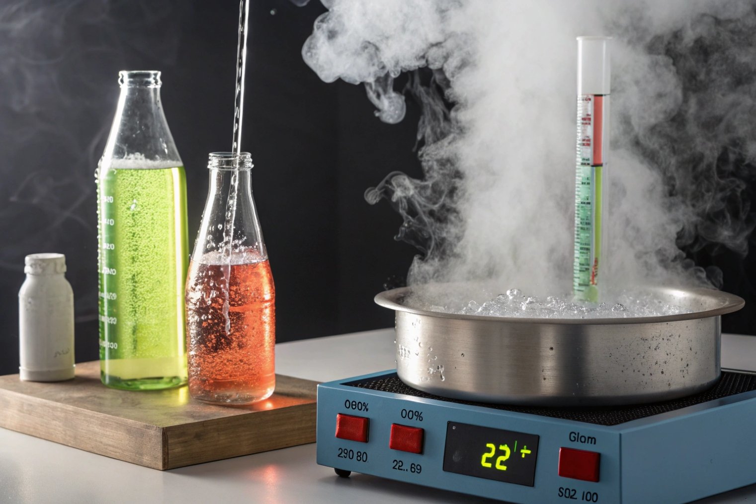 Laboratory thermal shock test of glass bottles in boiling water bath with measuring cylinder