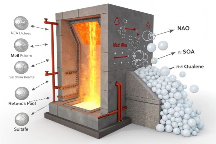 Glass furnace schematic showing cullet pile and fining reactions with bubbles and alkali emissions