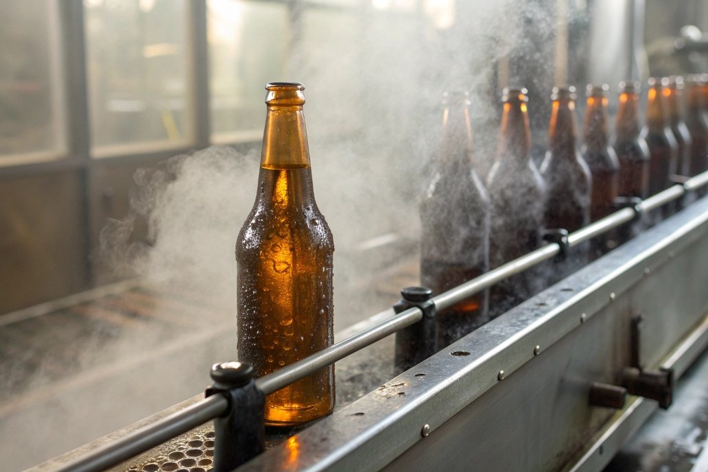Steam on a bottle in the production line