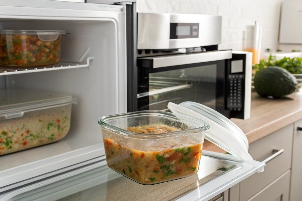Glass container with leftovers in fridge