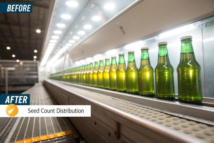 Before and after seed count distribution on green bottles through inspection tunnel