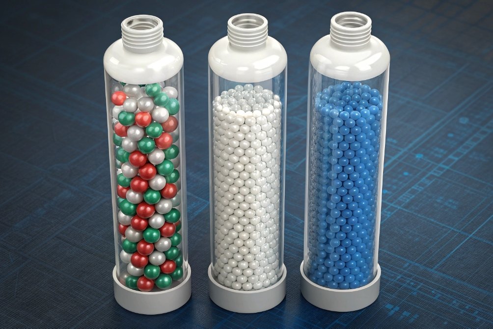 Three transparent sample bottles filled with different colored polymer beads for barrier testing