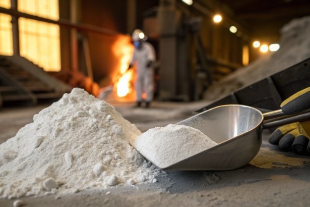 White silica sand and soda ash raw materials with scoop near glass furnace