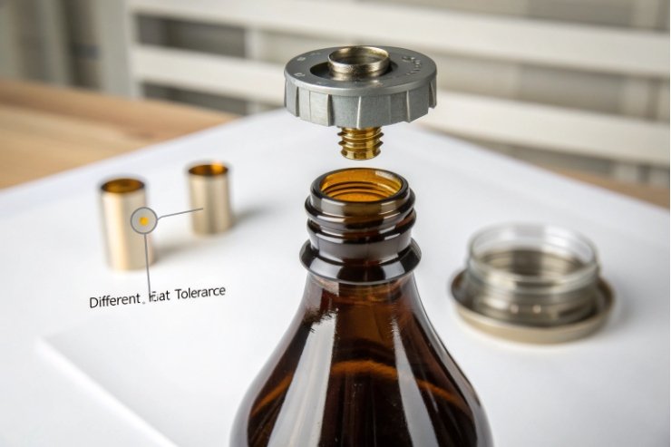 Metal closure liner above amber bottle neck showing heat tolerance testing