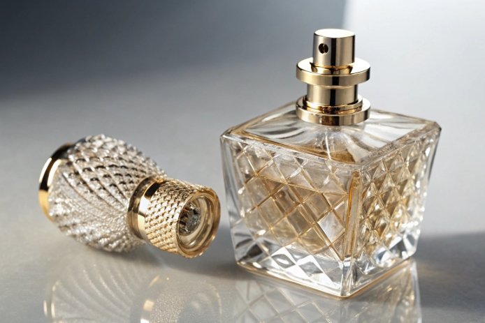 Luxury glass perfume bottle with gold spray pump and textured cap