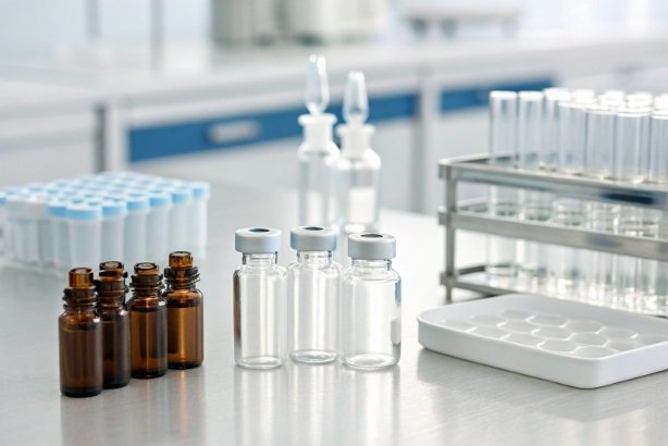 Pharma Vials Set Pharmaceutical glass vials and amber sample bottles arranged on clean lab bench