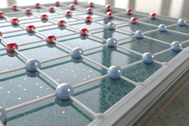 Molecular lattice network visualization representing glass material structure and barrier performance