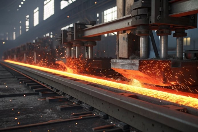 Hot glass ribbon moving under forming machine sparks in factory