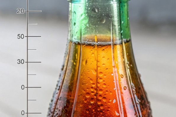 Close-up of amber beverage in green glass bottle with water droplets and scale markings