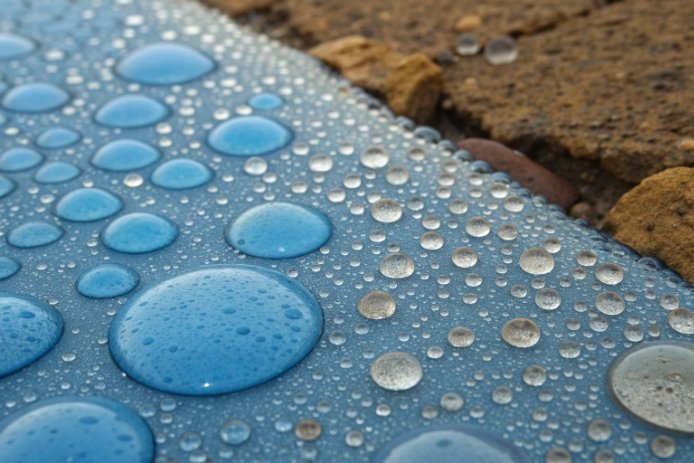 Water droplets beading on hydrophobic glass surface showing anti-wetting coating performance outdoors