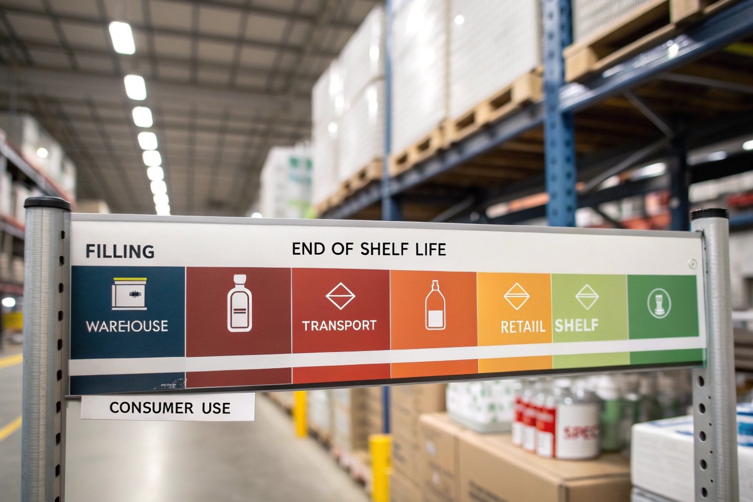 Warehouse sign showing product journey from filling and warehouse through transport, retail shelf and consumer use with end-of-shelf-life marker