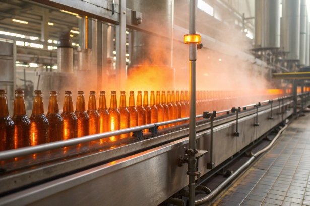 Amber glass bottles on conveyor under hot spray tunnel with steam in factory