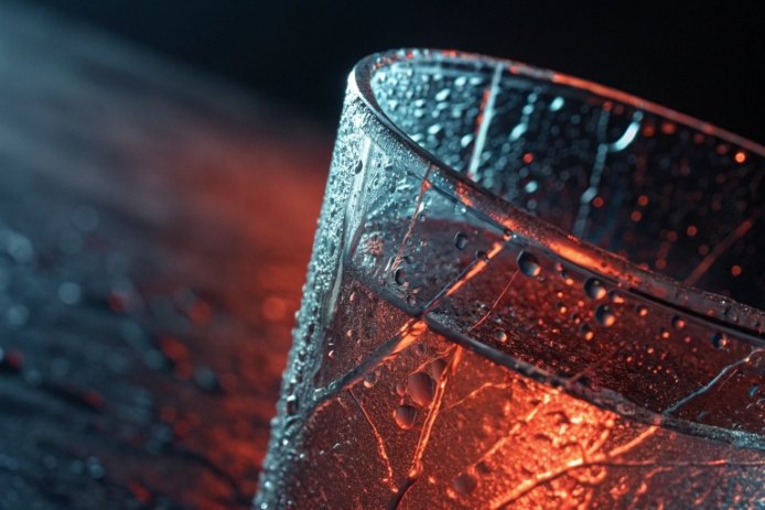 Cracked glass tumbler with condensation under dramatic red lighting showing stress damage