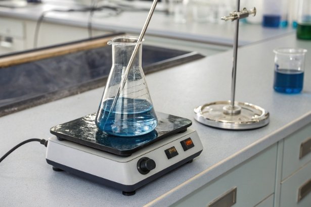 Laboratory hotplate with flask of blue solution stirring for formulation experiment