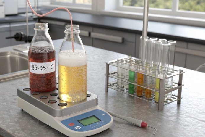 Hot-fill simulation at 85–95°C shows foaming reaction and colored test solutions for glass chemistry.