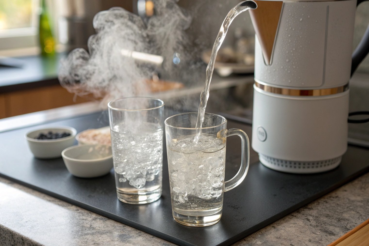 Boiling water being poured from a sleek electric kettle into a clear glass mug while steam billows up in a kitchen setting