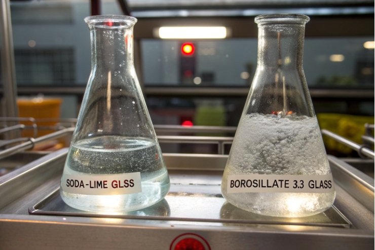 Two lab flasks comparing soda-lime glass and borosilicate 3.3 glass performance