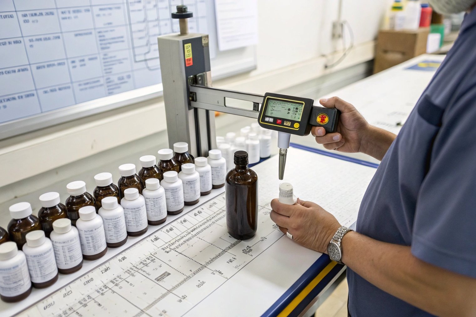 Operator measuring bottle dimensions with digital gauge in quality control lab
