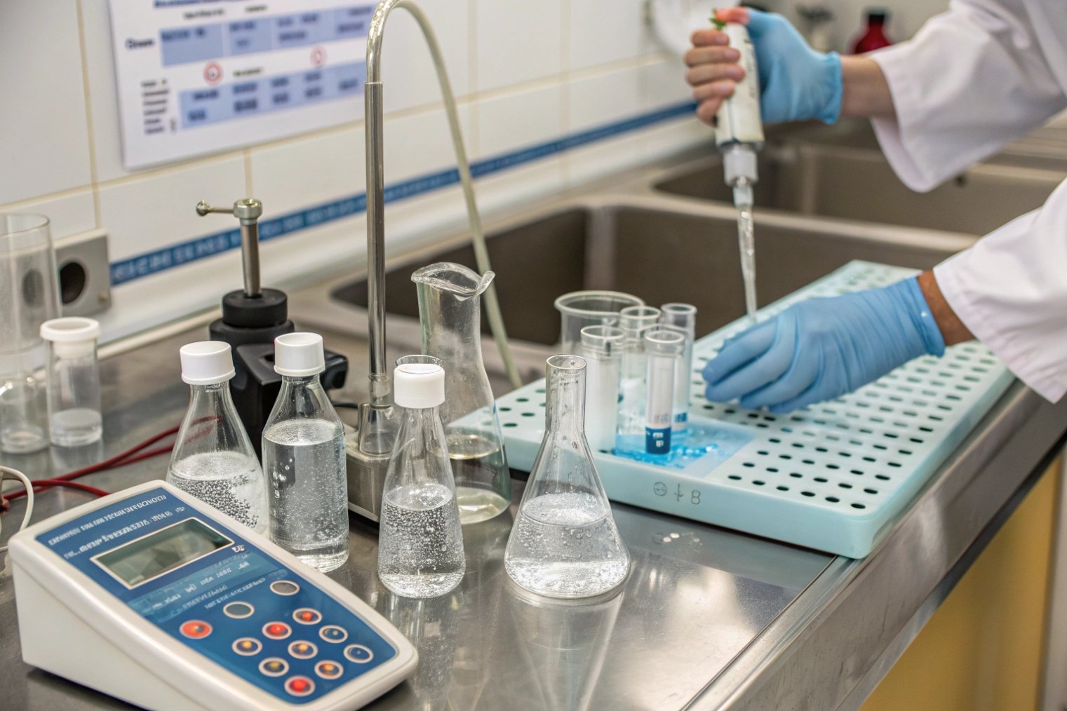 Technician pipetting solutions into glass flasks for hydrolytic resistance testing