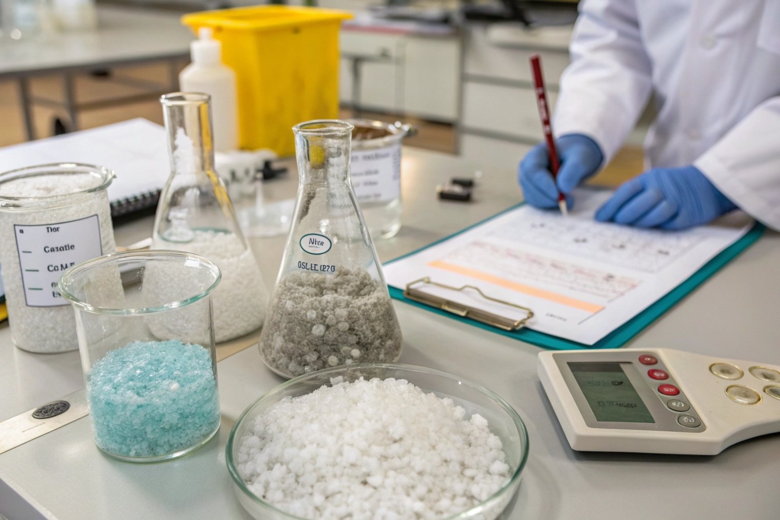 Laboratory flasks with granular chemicals and technician recording data for glass formulation tests