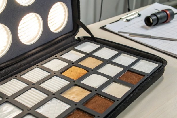 Material sample case with foam pads and seal liners under inspection lights