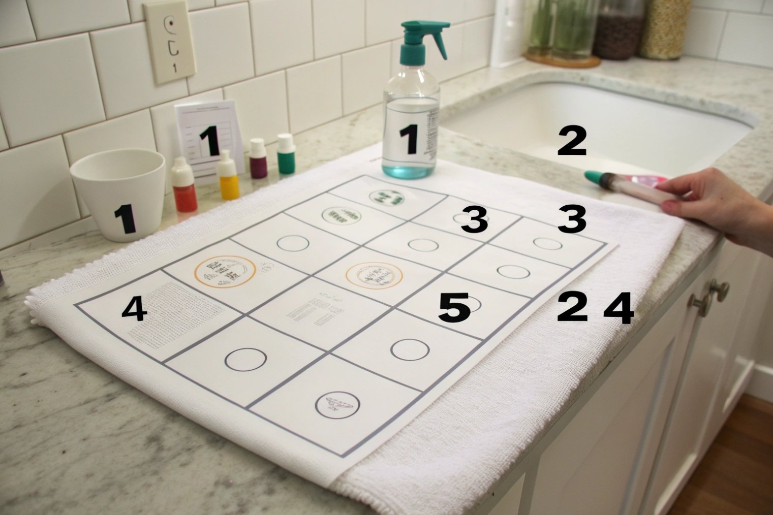 label design worksheet with numbered squares bottles and spray cleaner on kitchen counter