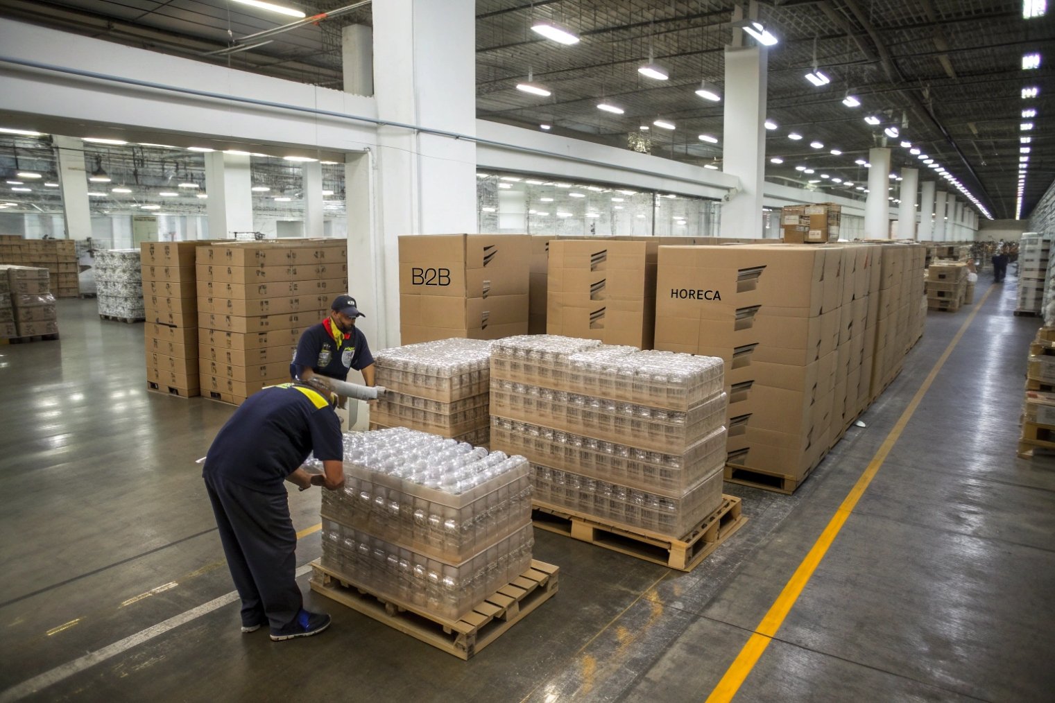 Workers wrapping pallets of glass bottles in large B2B warehouse