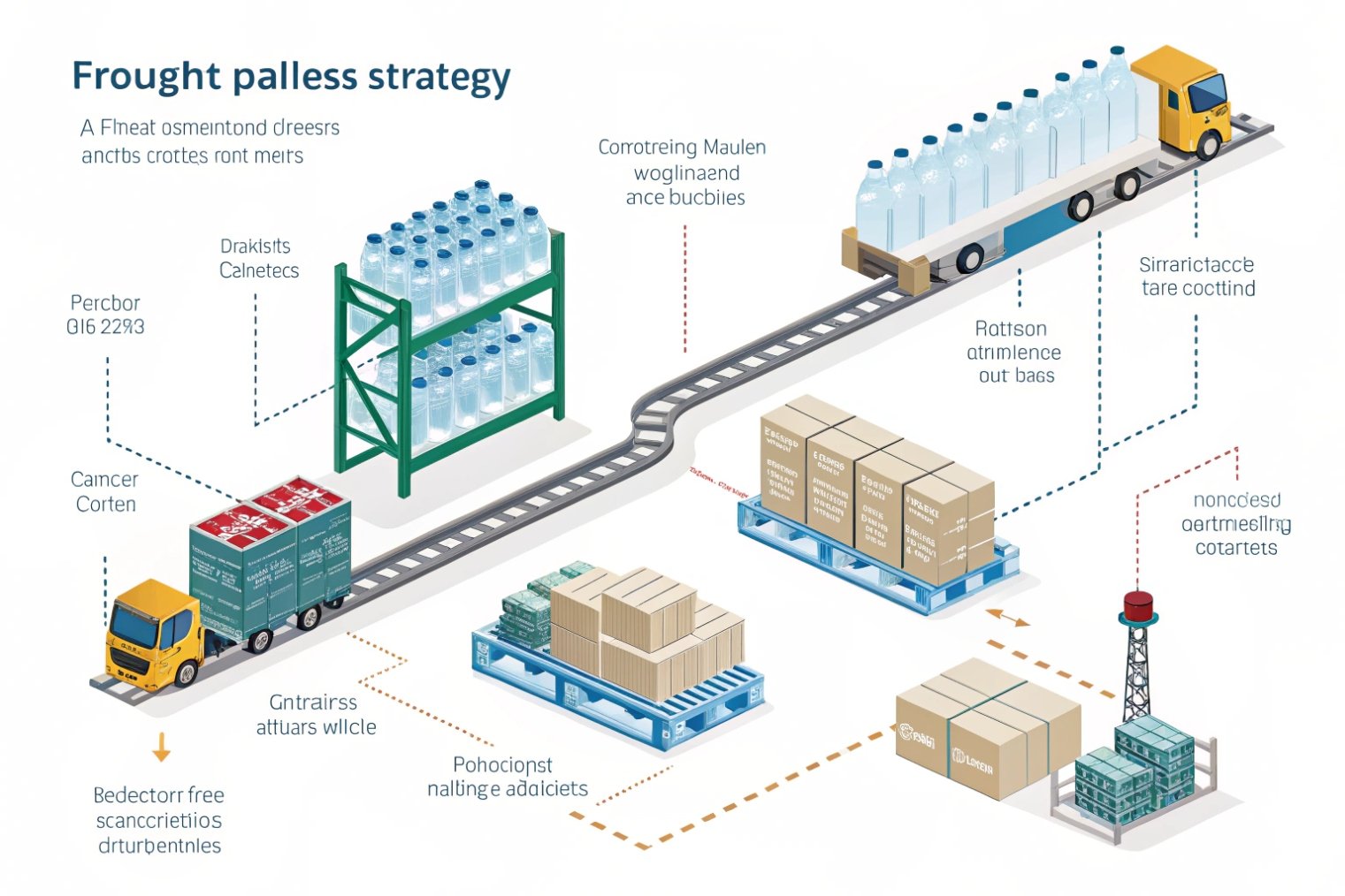 illustrated supply chain diagram with bottled products on pallets and trucks