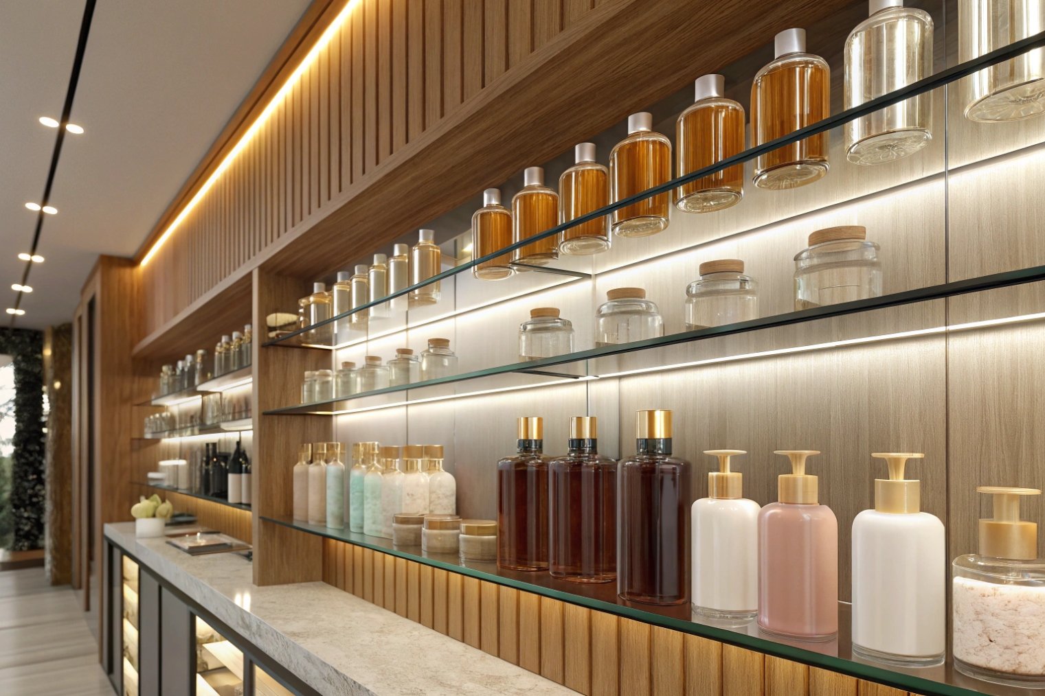 glass cosmetic bottles and jars displayed on illuminated wooden shelves