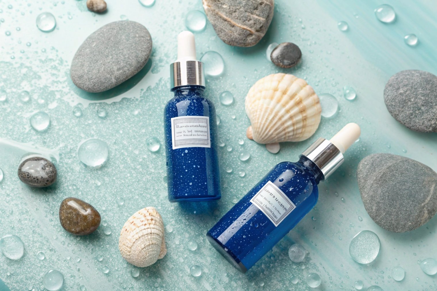 Two blue serum dropper bottles on wet turquoise background with spa stones and seashells.