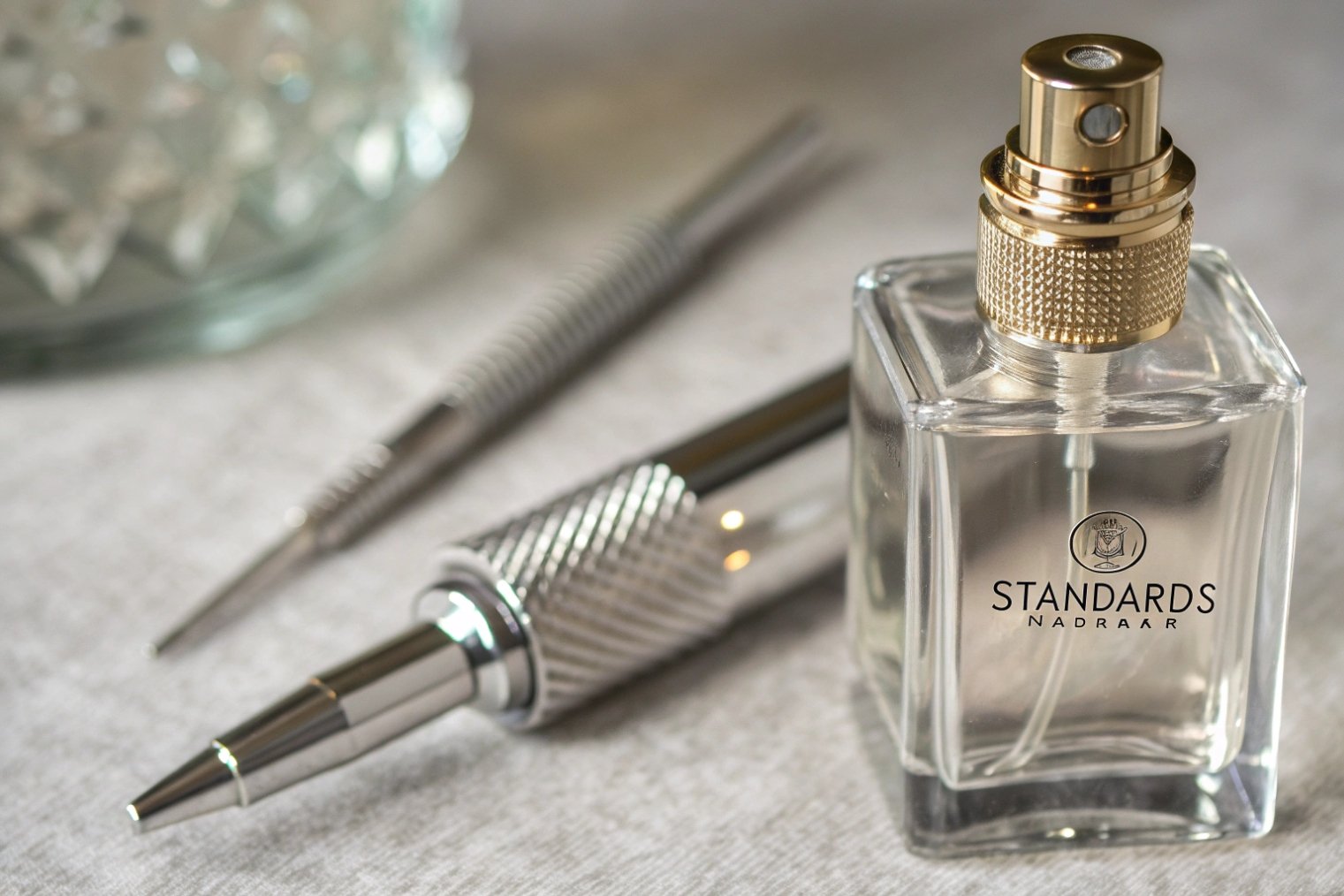 clear square perfume glass bottle with gold sprayer and metal design tools