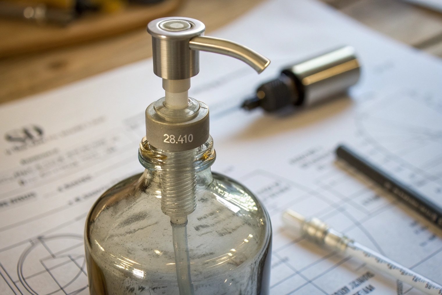close up glass soap bottle with metal pump on technical drawing sheet