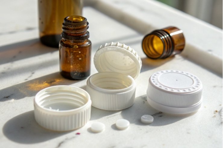 Open amber essential oil bottles with white DIN18 tamper evident caps and reducers