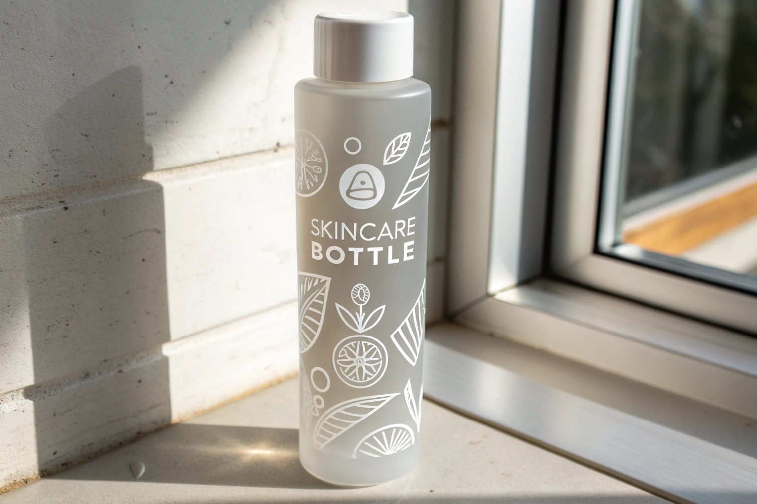 frosted glass skincare bottle with white silk screen botanical pattern by sunny window