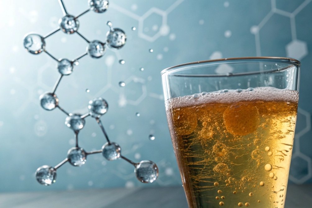 Close up of fizzy golden drink in glass with abstract molecular structure background