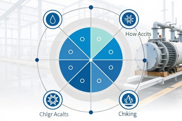 Circular process infographic over factory equipment showing performance and operational factors