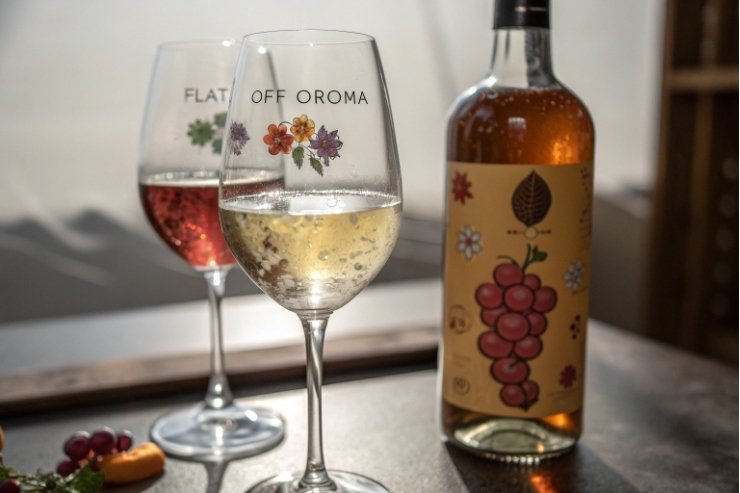 White and rosé wine glasses beside illustrated grape label bottle in sunlight