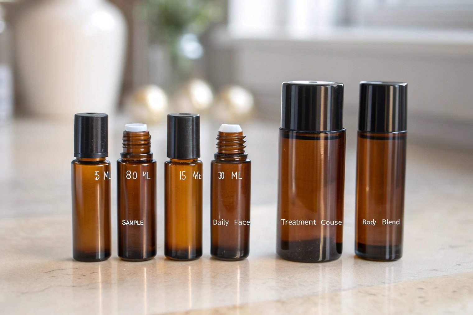 Amber glass roll on bottles in multiple sizes for skincare and essential oils.