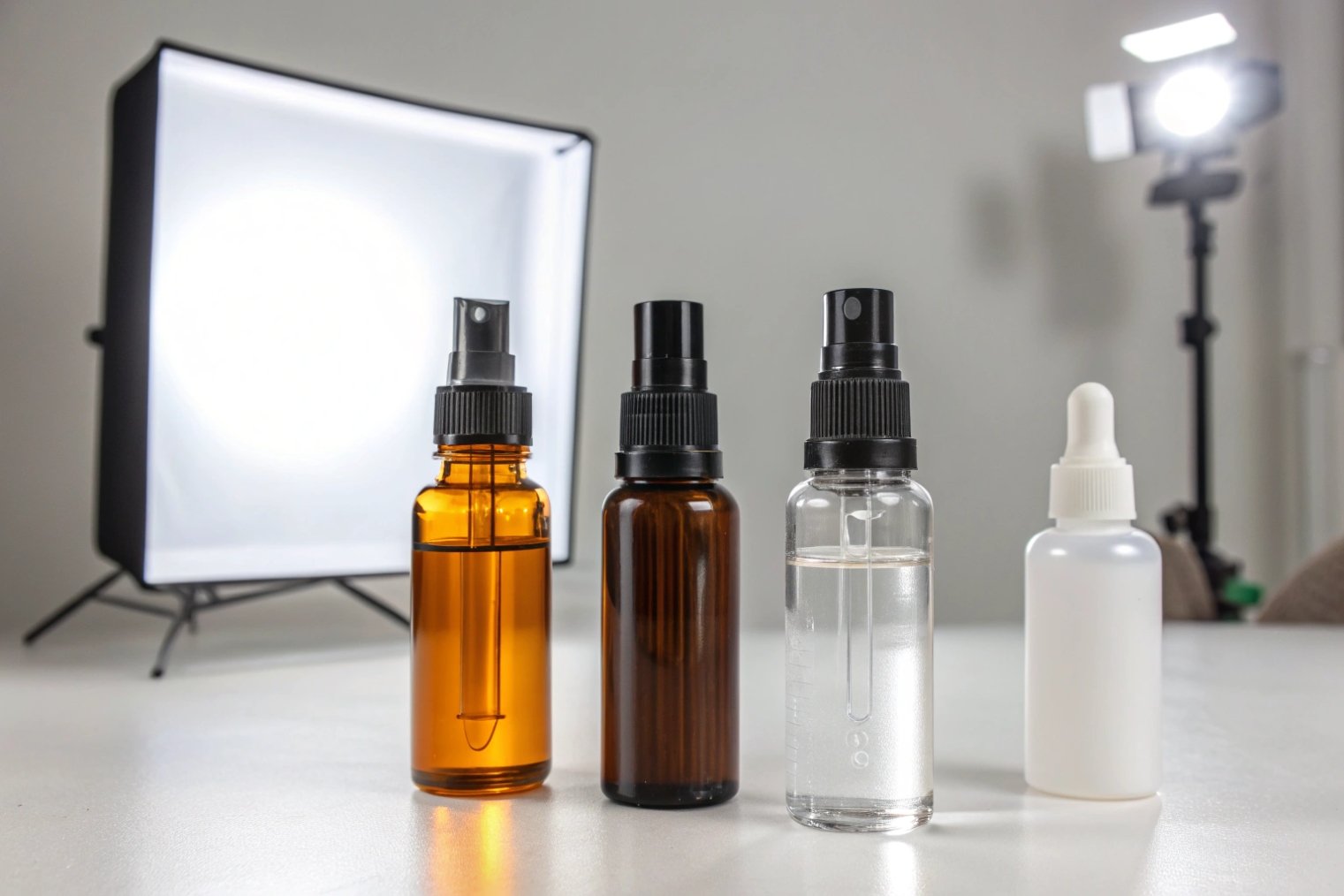 Set of amber, brown and clear mist bottles plus a frosted dropper in front of studio lights
