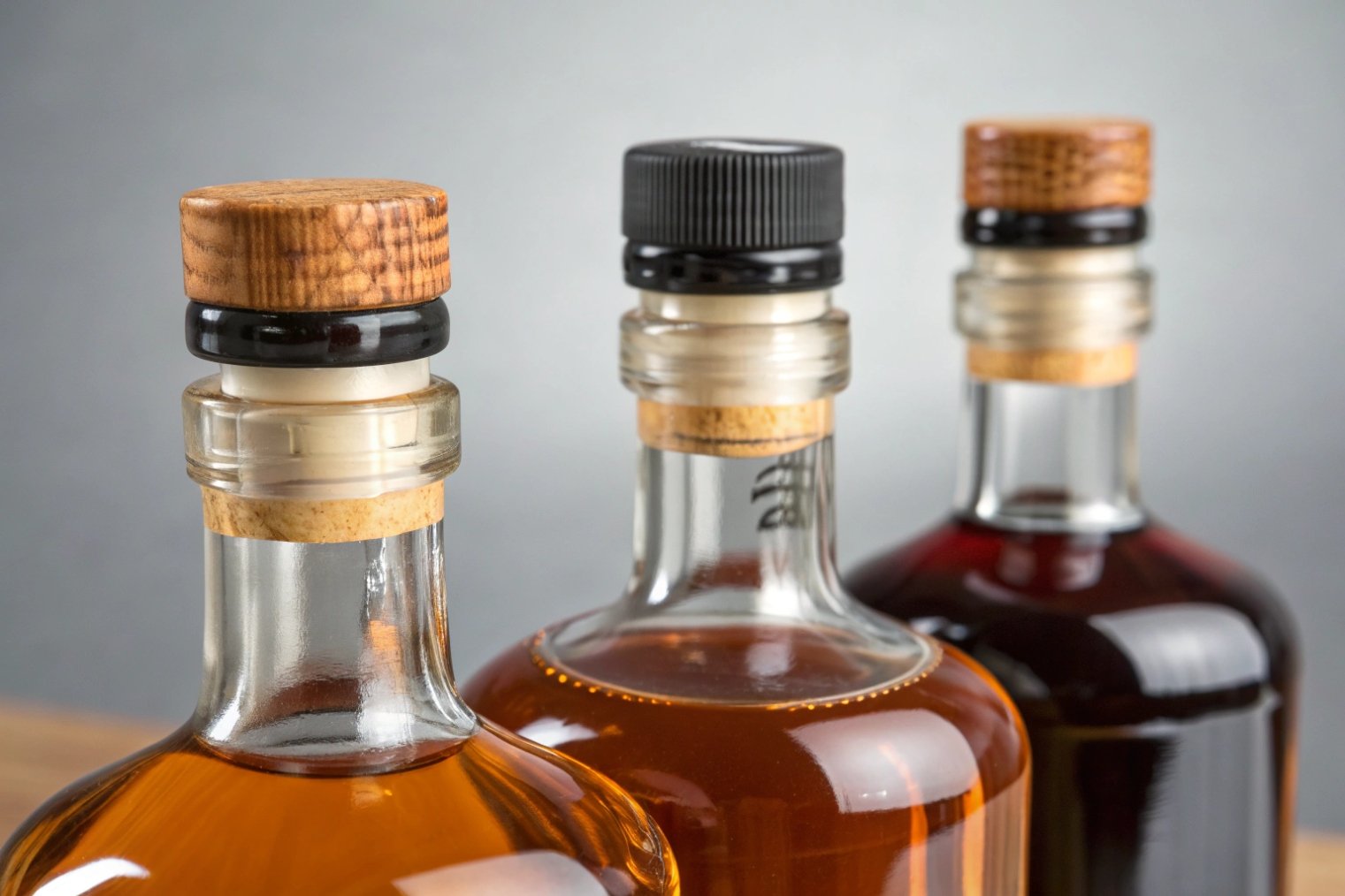 Close up of spirits glass bottles with wooden and plastic closures on cork stoppers