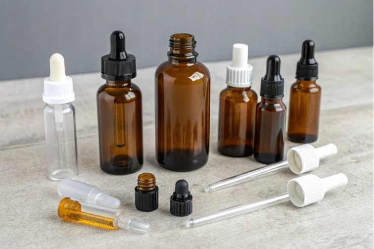 Assorted amber glass dropper bottles with pipettes and closures for essential oils packaging