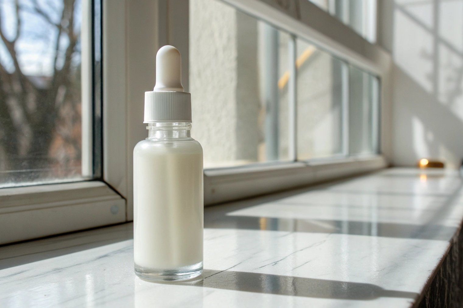 small frosted glass dropper bottle with white serum on sunny window ledge