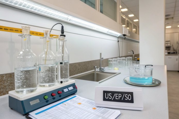 Lab bench test station labeled “US/EP/…”: glassware on a stir plate, log sheets, and prepared solutions—implying standardized extraction/leaching testing for compliance.