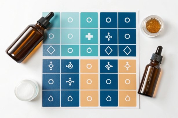 Amber glass dropper bottles beside medical icons color grid on white surface