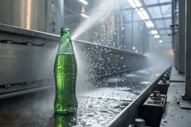 Green glass bottle blasted by high pressure water spray on industrial rinse line