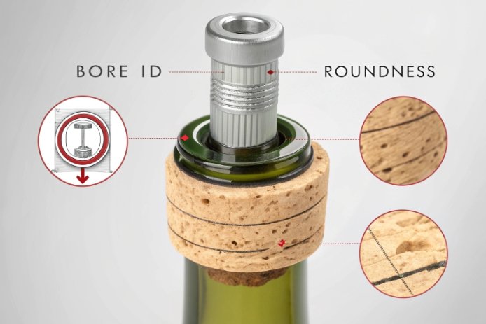 Close-up of corked wine bottle neck highlighting bore ID and roundness.